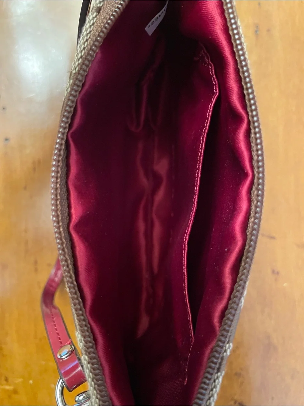 Coach-NWT-Signature Canvas Wristlet in Khaki/Chalk with Ruby Trim